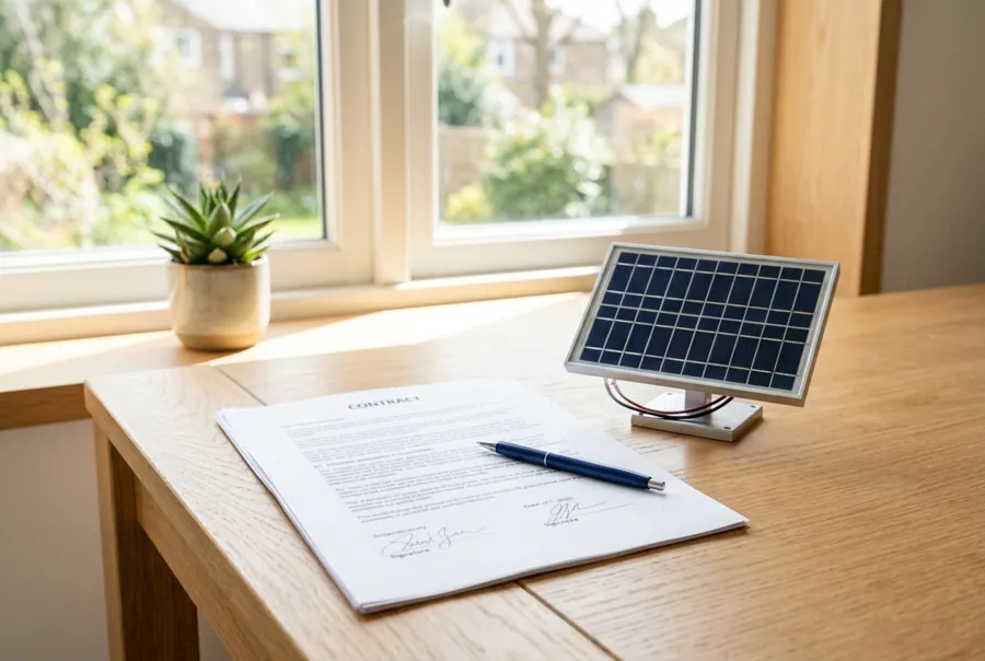 Unterschriebener Kaufvertrag mit Solarmodul-Modell auf einem Schreibtisch